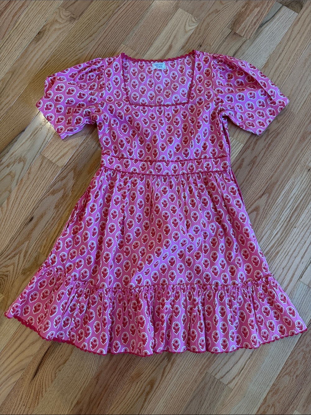 Pink City Prints Pink Floral Print Square-Neck Dress with ric rac trim